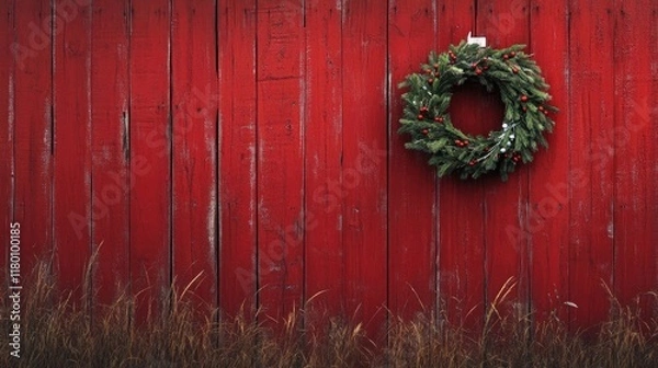 Fototapeta Christmas Wreath on Red Barn Wall