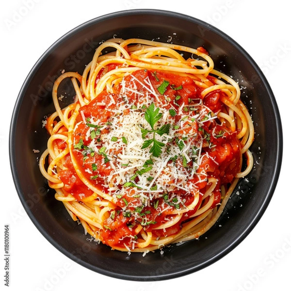 Fototapeta Isolated on white background, a black bowl filled with spaghetti topped with tomato sauce and grated parmesan cheese, viewed from above