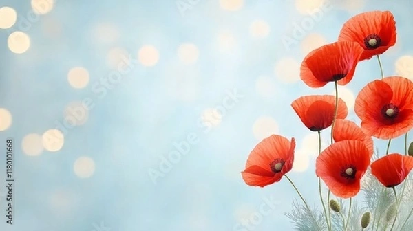 Fototapeta Vibrant red poppies with delicate stems on a soft blue bokeh background. Concept of natural beauty, elegance, and tranquility.
