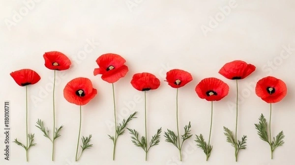 Fototapeta Minimalistic arrangement of red poppy flowers with green leaves on a light beige background. Concept of natural beauty, simplicity, and floral elegance.