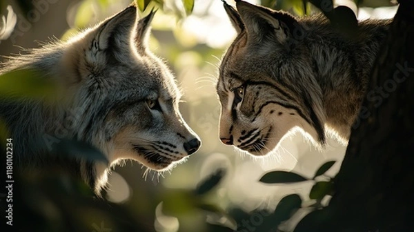 Fototapeta   Two wolves stand beside a tree, gazing into each other's eyes