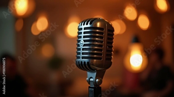 Fototapeta Vintage Vibes: Retro Microphone in Warm Lights. Golden Era: Classic Microphone and Warm Glow. Vintage Vibes: Retro Microphone in Warm Lights.