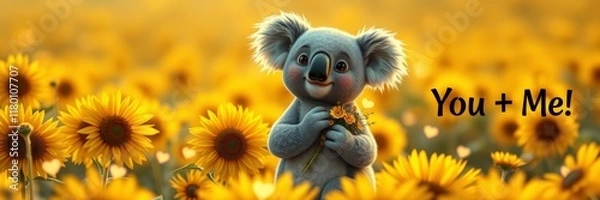 Fototapeta Cute koala holding a flower in a sunflower field, exuding a joyful and affectionate mood, representing love and companionship with warm golden tones in the background