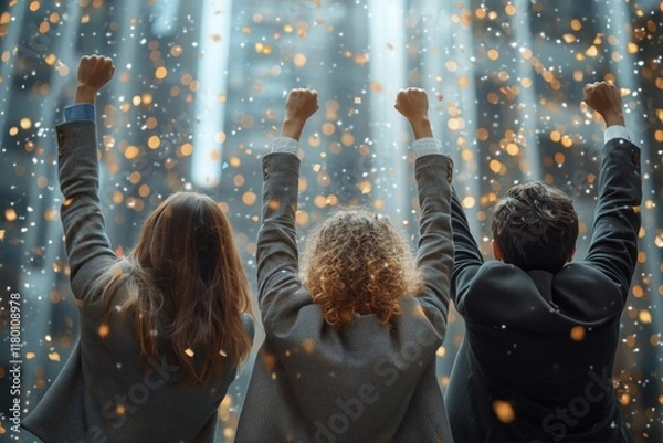 Obraz Group of three individuals enthusiastically celebrating, fists raised in triumph, as colorful confetti falls around them in a lively atmosphere filled with sparkling lights
