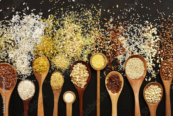 Fototapeta Colorful mix of grain varieties: oat and wheat, rice and millet, buckwheat and barley, quinoa and polenta. Food ingridients for healthy diet background, selective focus