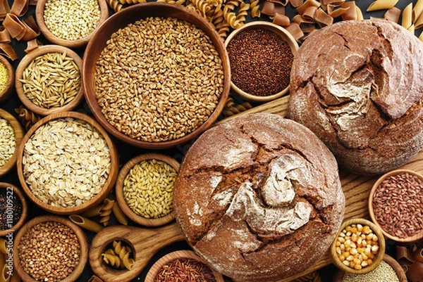 Fototapeta Whole grains concept. Colorful mix of grain varieties: oat and wheat, rice and millet, buckwheat and barley, quinoa and polenta. Food ingridients for healthy diet background, selective focus