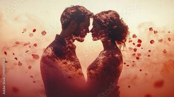 Obraz Love's Embrace: A mesmerizing silhouette of a couple intertwined, surrounded by swirling rose petals, evokes a profound and enduring sense of love and connection.