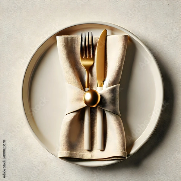 Fototapeta Cutlery on Plates with Beige Napkin, Elegant table setting with gold cutlery on transparent background.