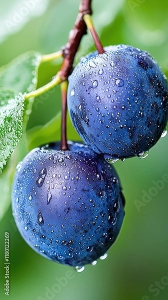 Fototapeta A couple of blue plums hanging from a tree branch with water droplets