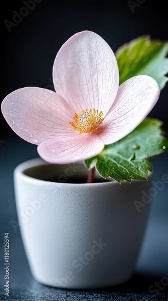 Fototapeta A pink flower in a white pot on a table