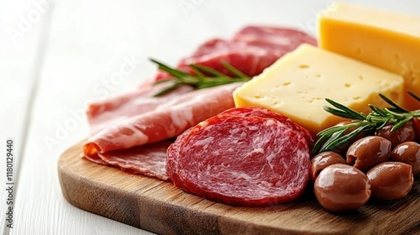 Fototapeta A wooden cutting board topped with different types of meats and cheese