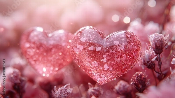 Obraz Love in the Frost: Two delicate hearts, frosted with a gentle dusting of snow, nestled amongst delicate pink blossoms. A tender image of love and resilience, captured in the soft light of winter.