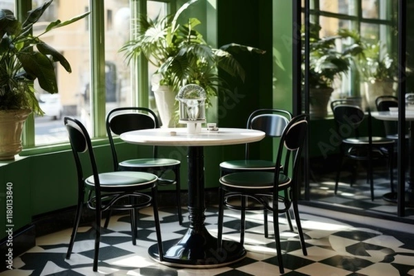 Fototapeta Stylish cafe interior featuring a round table, green chairs, lush plants, and a distinctive checkered floor