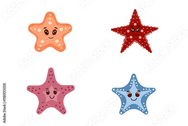 Fototapeta Cute starfish set for children background. Under the sea, water animal character, ocean fauna. Flat vector design.