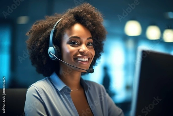 Fototapeta Friendly female call center agent wearing headset assisting clients online late at night