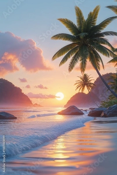 Fototapeta Aesthetic Phone Wallpapers of a Serene Beach at Sunrise with Soft Orange and Pink Tones Creating a Calm, Peaceful Morning Scene