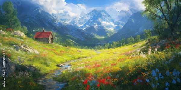 Fototapeta A mountain valley with a tiny house at the foot su_004