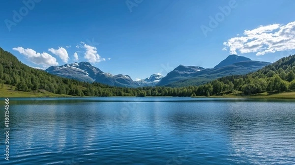 Obraz Idyllic norwegian lake landscape: stunning mountain views on a sunny summer day