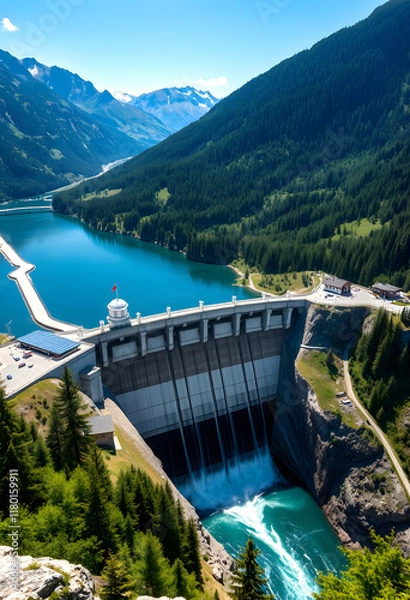 Fototapeta Aerial view of a dam releasing water into a lake in a mountainous landscape. Hydroelectric power, renewable energy, water resources