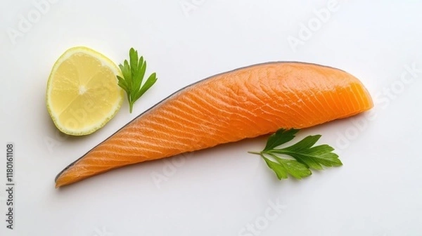 Fototapeta Fresh salmon fillet with lemon wedge and parsley garnish, minimalistic presentation, isolated on white background, flat lay, healthy food photography concept

