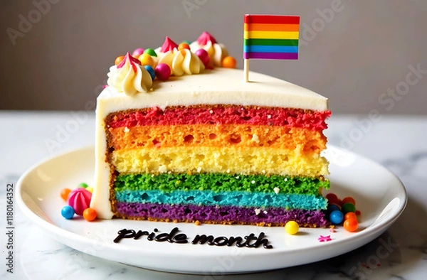 Fototapeta Rainbow Cake Slice for Pride Month. A colorful rainbow cake slice with a Pride flag, celebrating Pride Month with vibrant and joyful representation.
