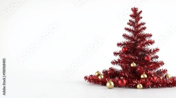 Fototapeta A 3D image of a Christmas tree with red tinsel and gold balls is set against a white background.