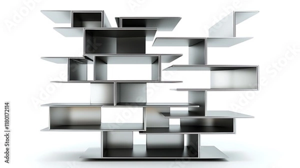 Fototapeta A tall, silver shelf with many shelves stacked on top of each other