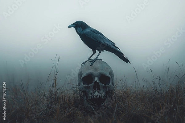 Fototapeta A raven perched on top of an old skull in the field