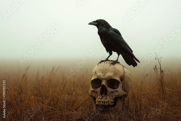Fototapeta A raven perched on top of an old skull in the field