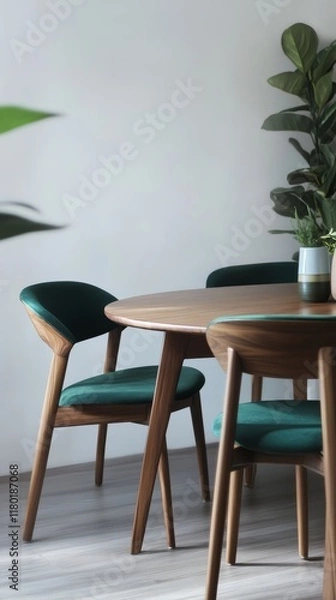 Fototapeta Elegant wooden dining table with stylish green cushioned chairs, set against a minimalist background. Ideal for interior design inspiration.