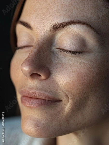 Fototapeta A peaceful close-up of a woman's face with closed eyes, focusing on natural skin texture and freckles.