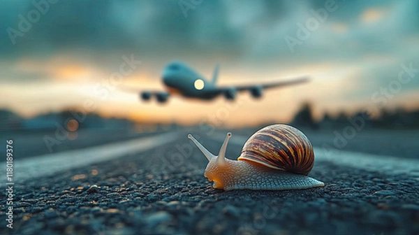 Fototapeta Snail is laying on the road next to an airplane