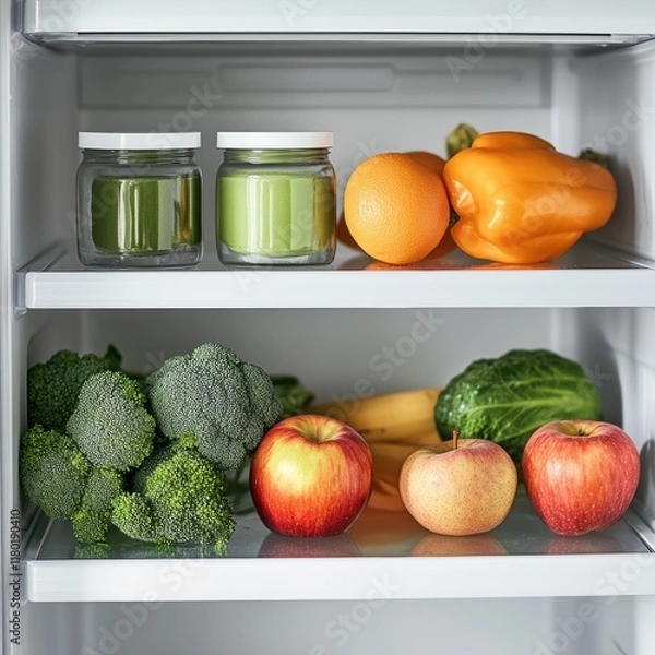 Obraz Two shelves inside a refrigerator display an assortment of fresh fruits and vegetables. Colorful peppers, broccoli, apples, and jars of green smoothie are visible, promoting healthy eating