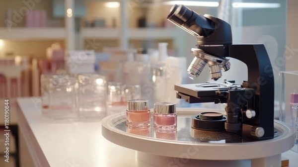 Fototapeta A microscope stands on a lab table, illuminated by soft lighting. It is engaged in analyzing cosmetic samples placed beside it, suggesting an ongoing research project focusing on beauty products