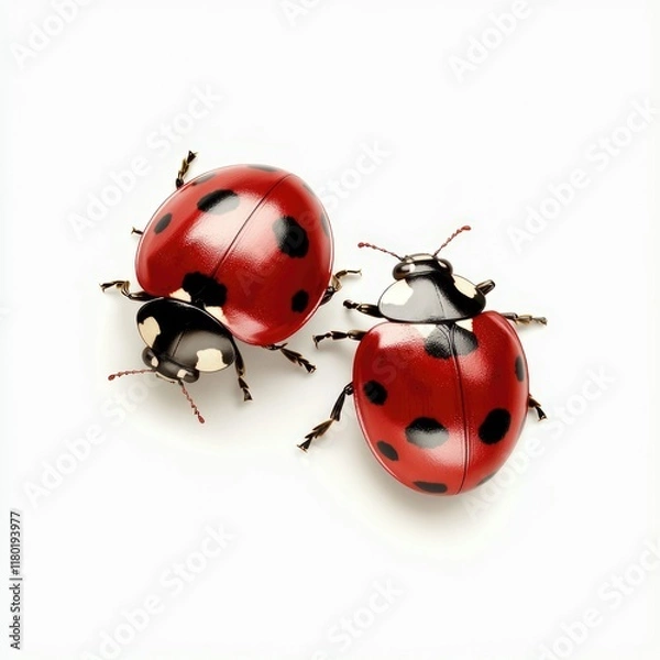 Fototapeta Two ladybugs sit on top of each other on a white surface