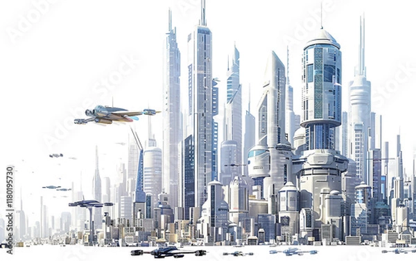 Fototapeta A Futuristic Cityscape with Flying Cars and Towering Skyscrapers in a High-Tech World Isolated on Transparent Background PNG