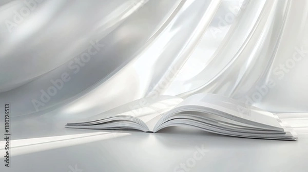 Fototapeta Open book resting on smooth white fabric, showcasing elegance an