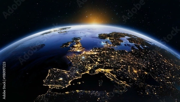 Fototapeta Foreground of the Earth as seen from a satellite, lights form a shape of global communication