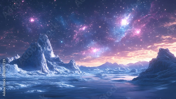 Fototapeta A Stunning Alien Landscape with Unique White Rock Formations and a Blue Planet Beneath a Captivating Starry Sky