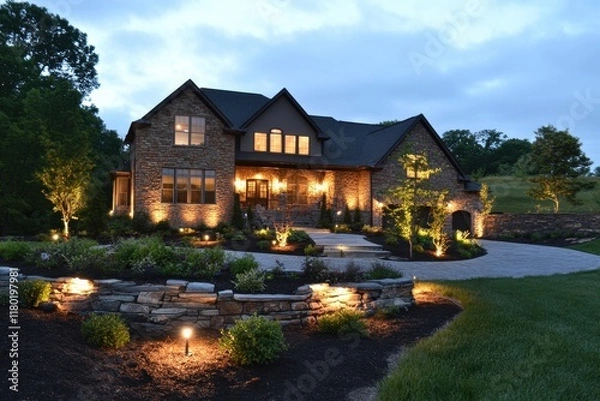 Obraz Contractors installing outdoor lighting fixtures for enhanced nighttime visibility and aesthetic appeal in residential spaces