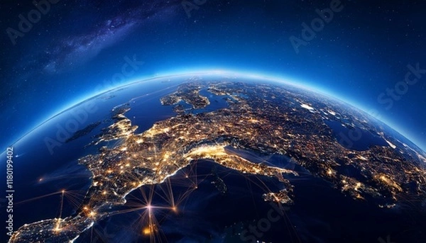 Fototapeta Foreground of the Earth as seen from a satellite, lights form a shape of global communication