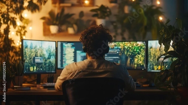 Obraz Rear view of a focused programmer working on multiple screens in a warm, plant-filled office with ambient lighting, creating a productive atmosphere.