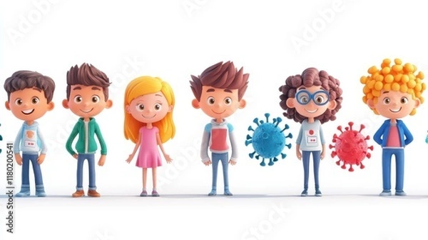 Fototapeta An educational illustration for kids explaining hmpv safety featuring friendly characters and simple diagrams