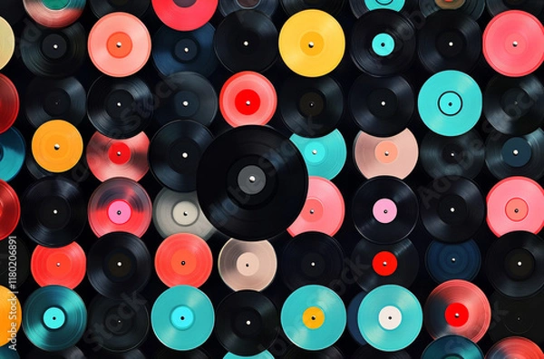 Fototapeta An extensive assortment of vinyl records in various colors and designs fills the background, emphasizing the beauty and nostalgia of physical music formats in a creative arrangement