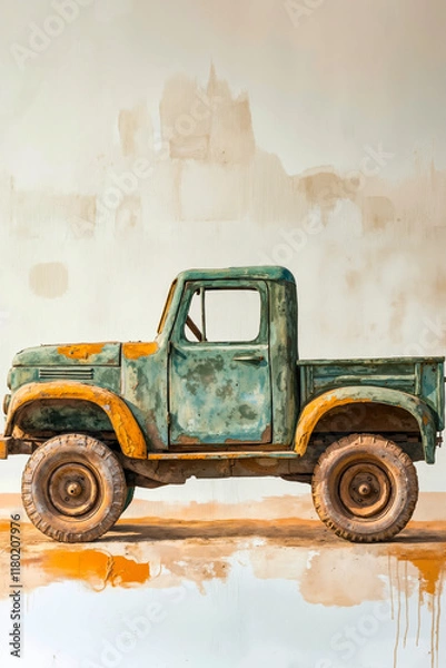 Fototapeta A painting of an old green truck parked in front of a wall