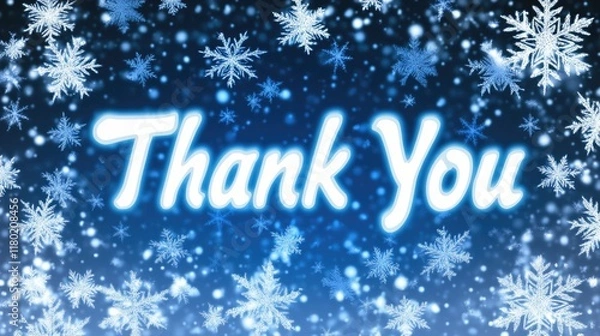 Fototapeta A vibrant thank you message featuring elegant snowflakes on a blue background. This design embodies the spirit of gratitude during the winter season, perfect for Thank You Day