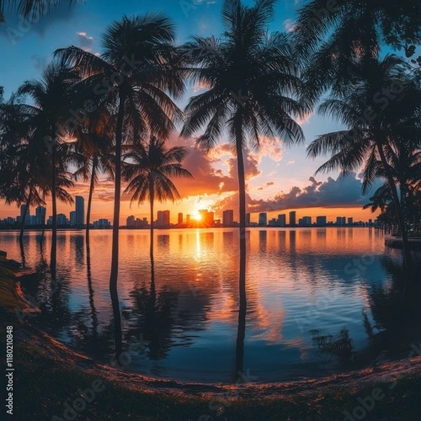 Fototapeta A panoramic view of a Miami sunrise over the bay, with vibrant colors reflecting on the water.