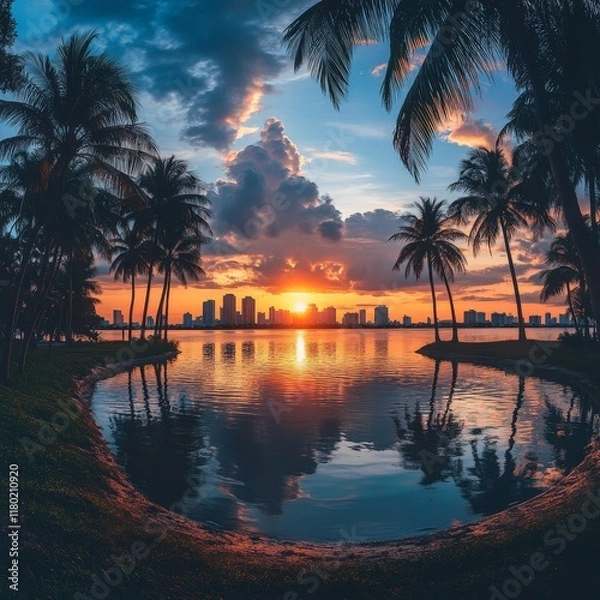 Fototapeta A panoramic view of a Miami sunrise over the bay, with vibrant colors reflecting on the water.