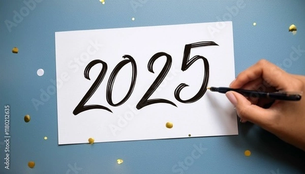 Obraz 2025 year written on white paper with hand holding pen and blue background behind it 