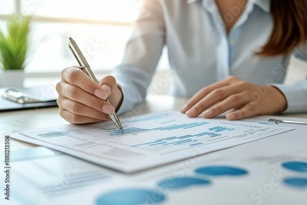 Fototapeta financial advisory services. Asian advisor showing plan of investment to clients in the consultancy office. Generative AI